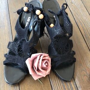 Liz Carine black boho crochet tassel tie heeled sandals